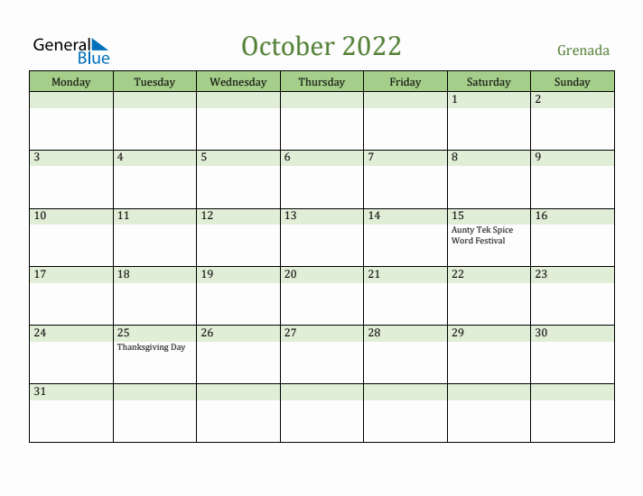October 2022 Calendar with Grenada Holidays
