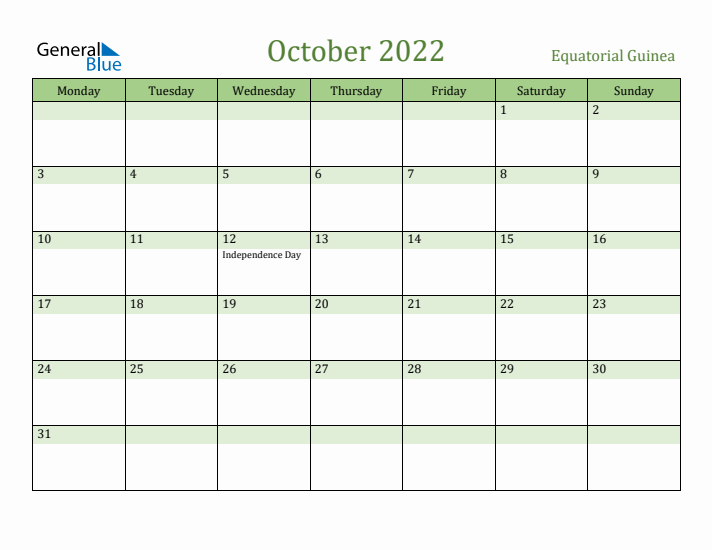 October 2022 Calendar with Equatorial Guinea Holidays