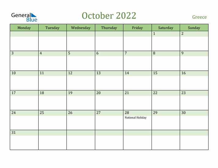 October 2022 Calendar with Greece Holidays