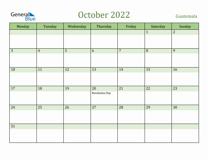 October 2022 Calendar with Guatemala Holidays