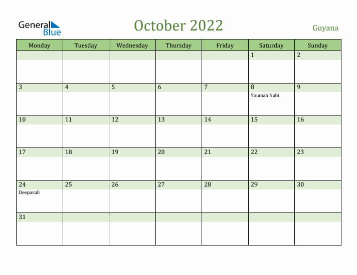 October 2022 Calendar with Guyana Holidays
