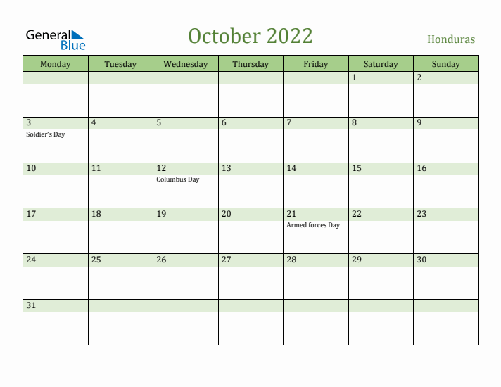 October 2022 Calendar with Honduras Holidays