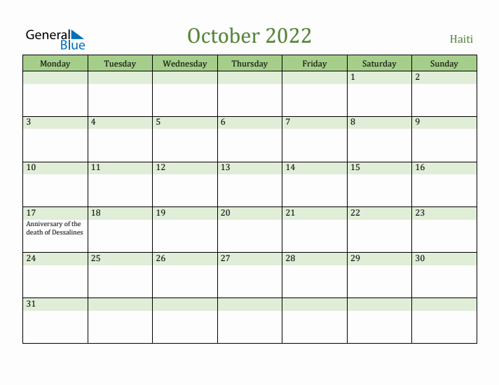 October 2022 Calendar with Haiti Holidays