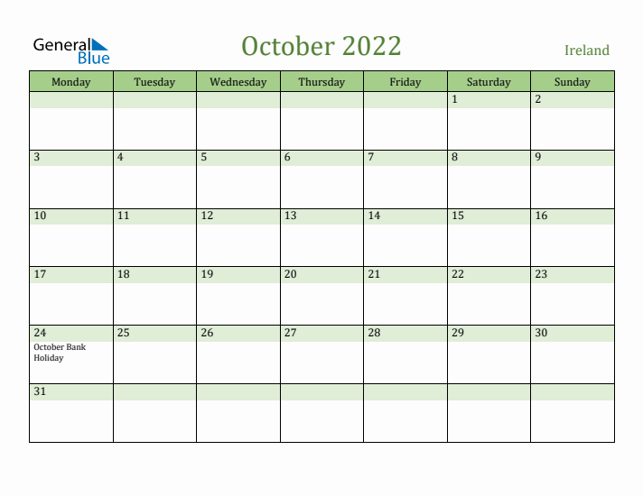 October 2022 Calendar with Ireland Holidays