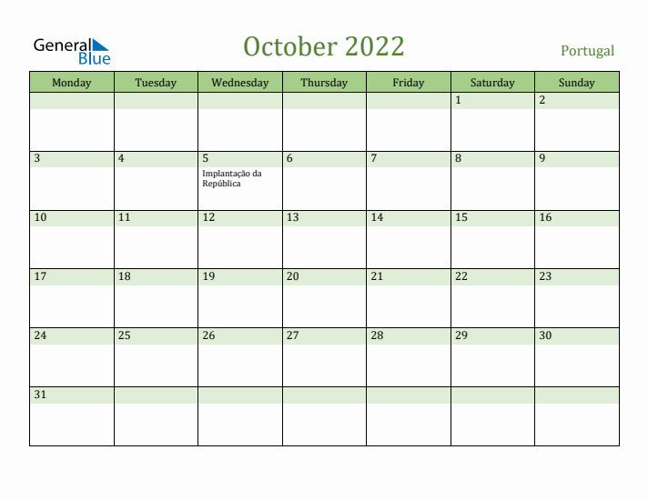 October 2022 Calendar with Portugal Holidays