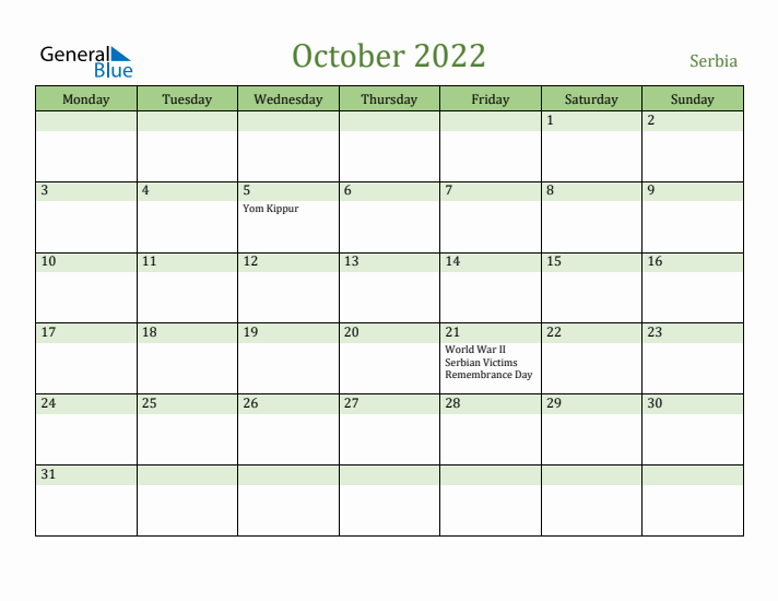 October 2022 Calendar with Serbia Holidays