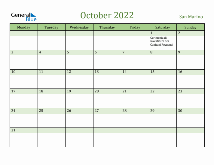 October 2022 Calendar with San Marino Holidays