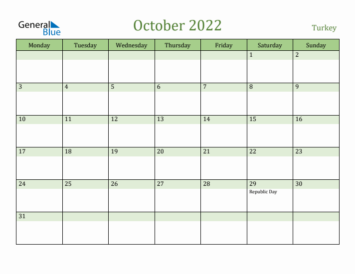 October 2022 Calendar with Turkey Holidays