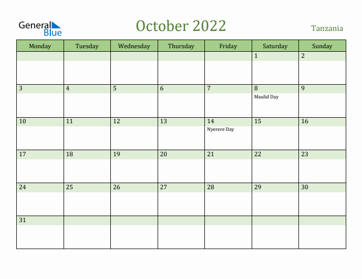 October 2022 Calendar with Tanzania Holidays