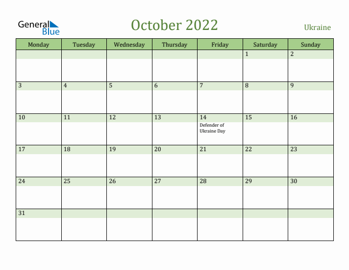 October 2022 Calendar with Ukraine Holidays