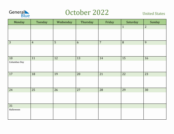 October 2022 Calendar with United States Holidays