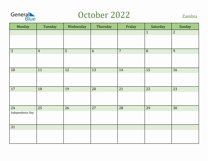October 2022 Calendar with Zambia Holidays