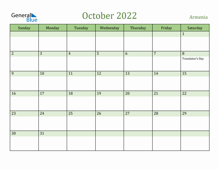 October 2022 Calendar with Armenia Holidays