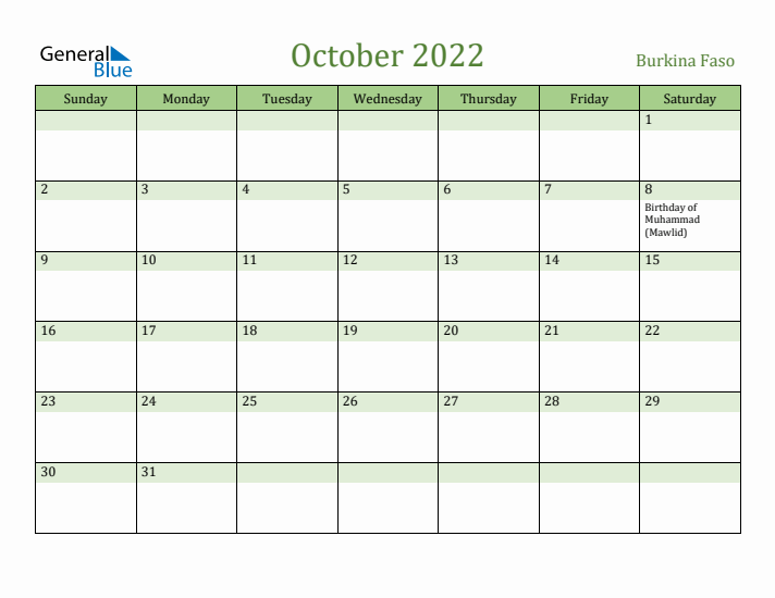 October 2022 Calendar with Burkina Faso Holidays