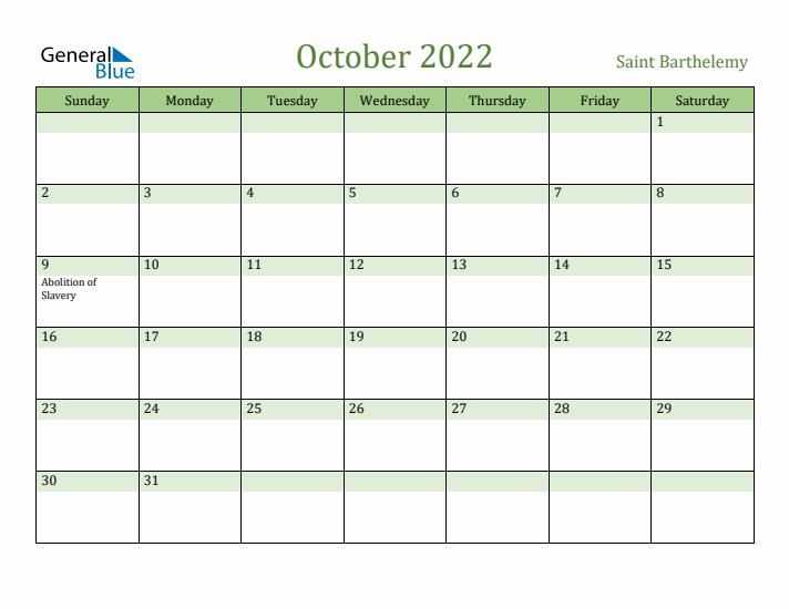 October 2022 Calendar with Saint Barthelemy Holidays