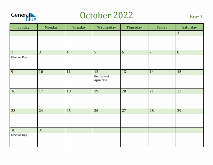October 2022 Calendar with Brazil Holidays