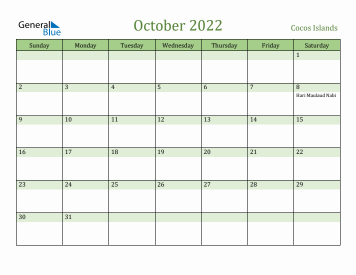 October 2022 Calendar with Cocos Islands Holidays