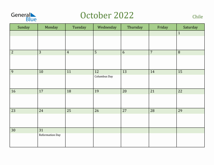 October 2022 Calendar with Chile Holidays