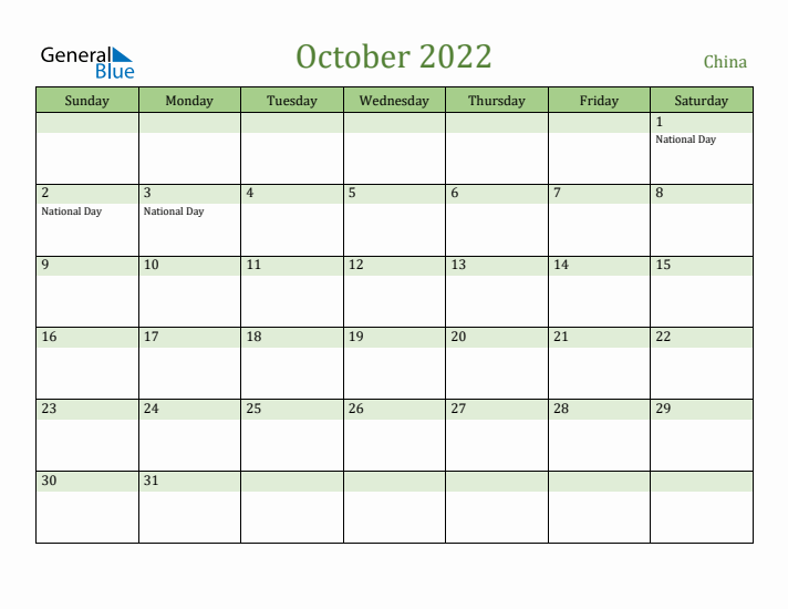 October 2022 Calendar with China Holidays