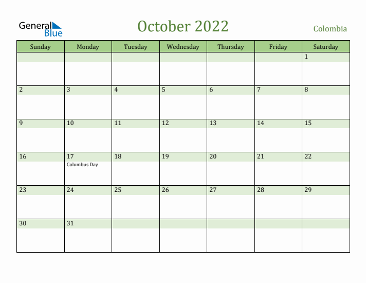 October 2022 Calendar with Colombia Holidays
