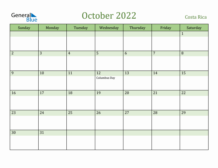 October 2022 Calendar with Costa Rica Holidays