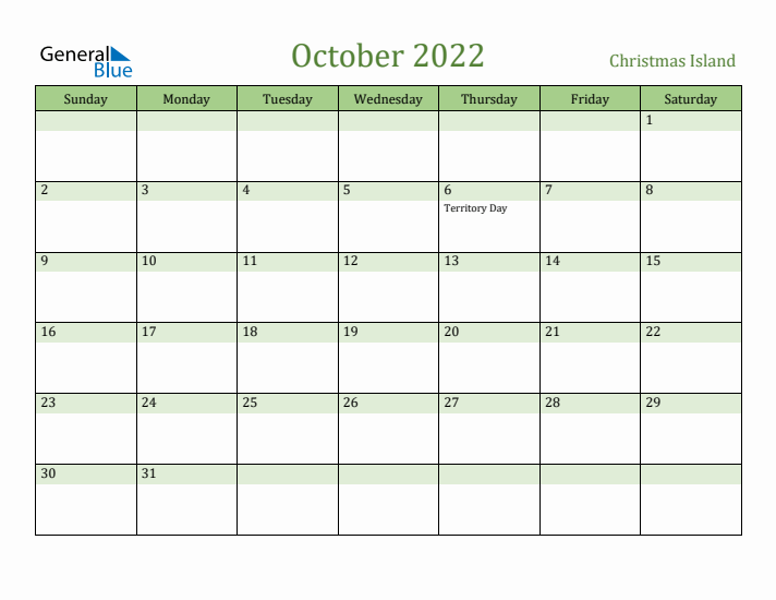 October 2022 Calendar with Christmas Island Holidays