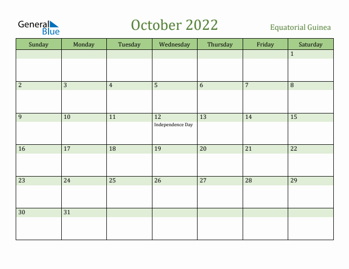 October 2022 Calendar with Equatorial Guinea Holidays