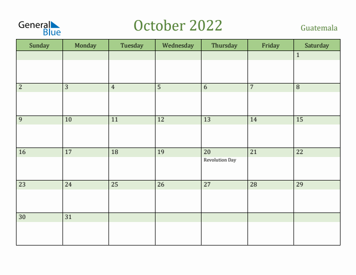 October 2022 Calendar with Guatemala Holidays
