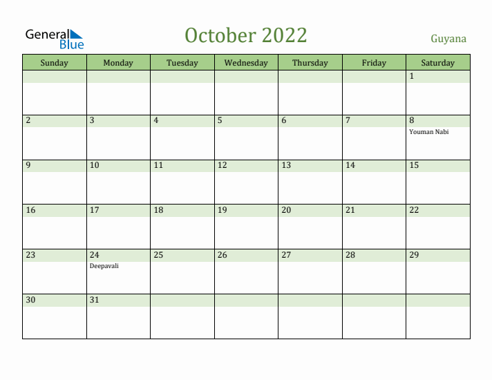 October 2022 Calendar with Guyana Holidays