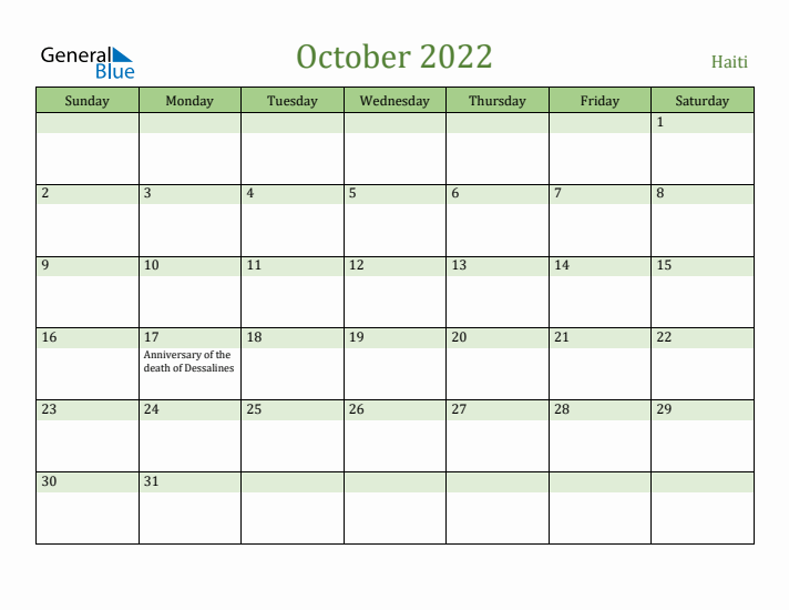 October 2022 Calendar with Haiti Holidays