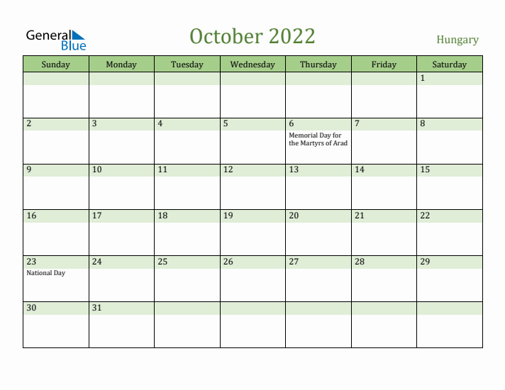 October 2022 Calendar with Hungary Holidays