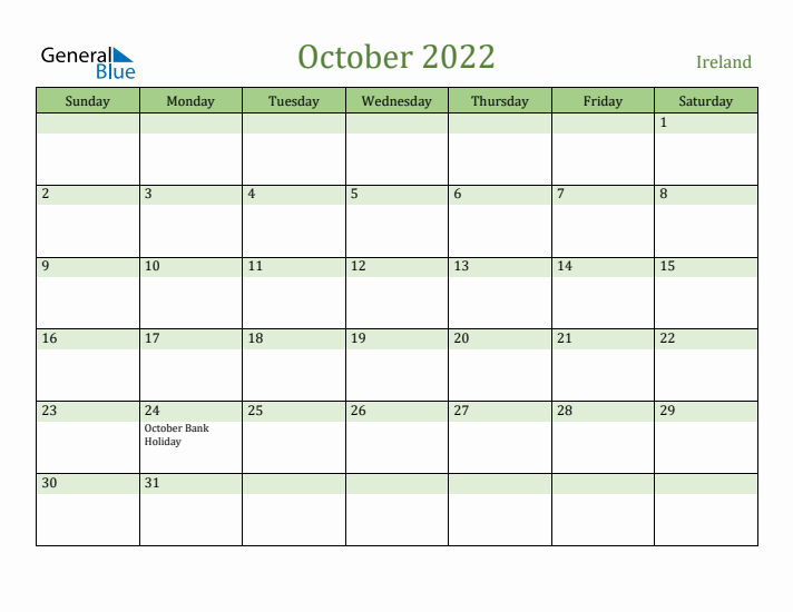 October 2022 Calendar with Ireland Holidays