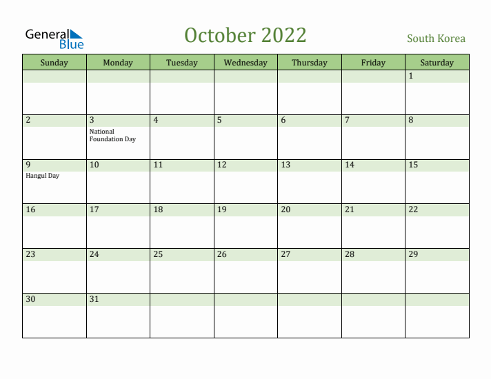 October 2022 Calendar with South Korea Holidays