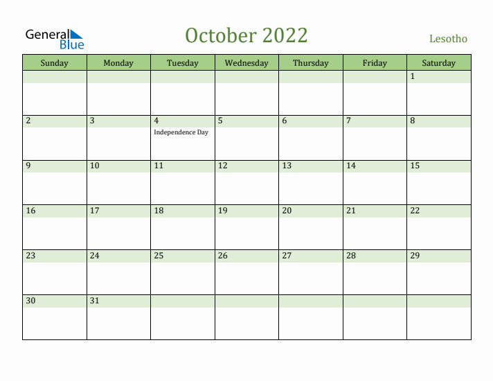 October 2022 Calendar with Lesotho Holidays