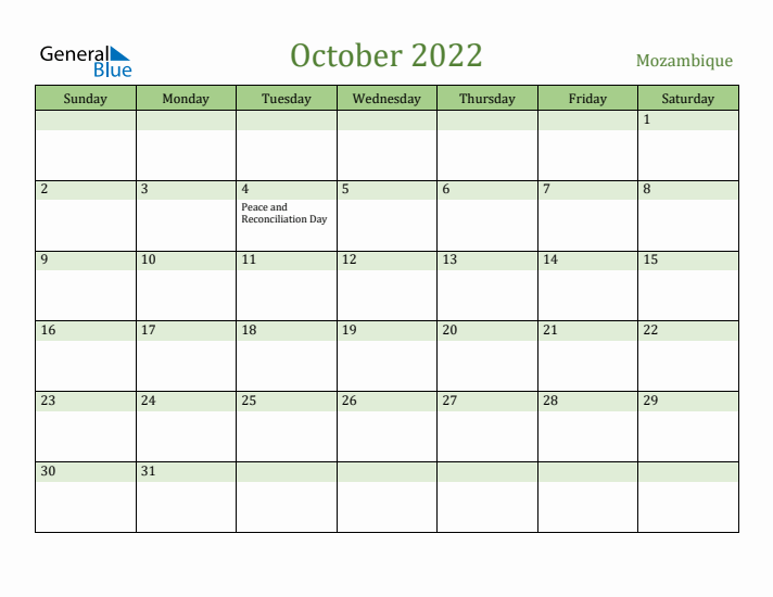 October 2022 Calendar with Mozambique Holidays