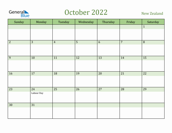 October 2022 Calendar with New Zealand Holidays