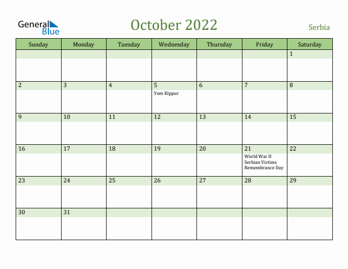 October 2022 Calendar with Serbia Holidays