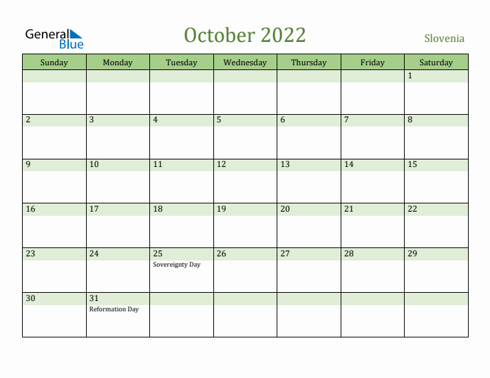 October 2022 Calendar with Slovenia Holidays