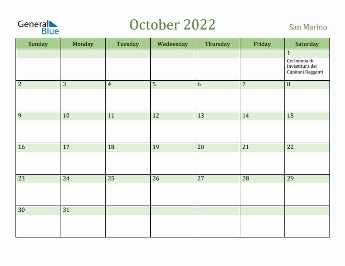 October 2022 Calendar with San Marino Holidays