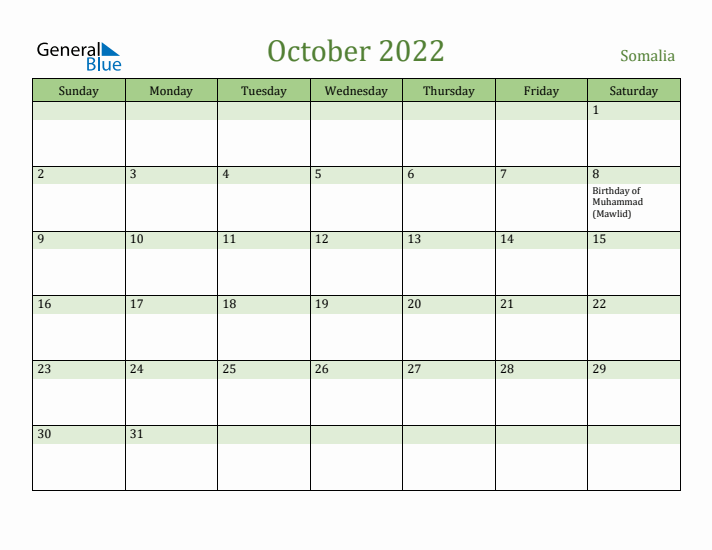 October 2022 Calendar with Somalia Holidays