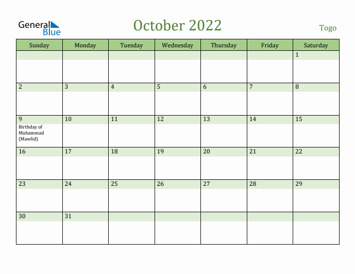 October 2022 Calendar with Togo Holidays
