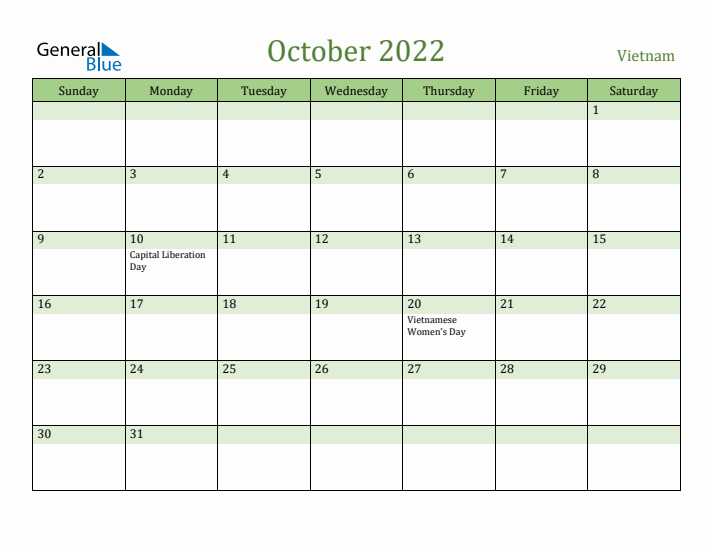 October 2022 Calendar with Vietnam Holidays