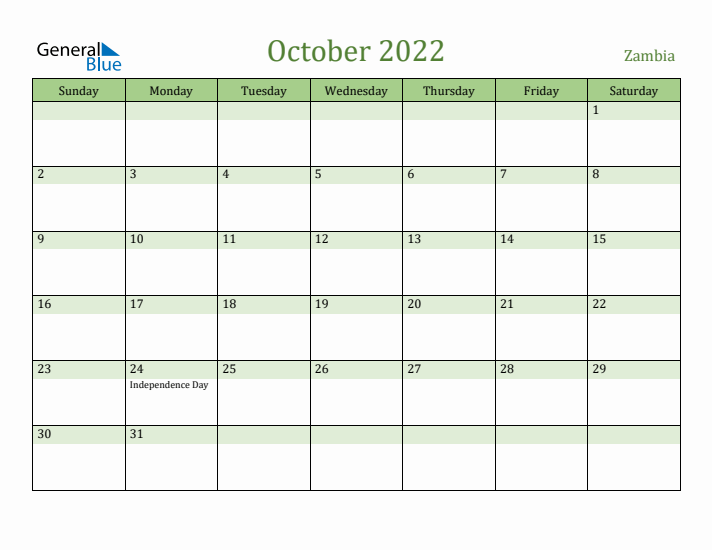 October 2022 Calendar with Zambia Holidays