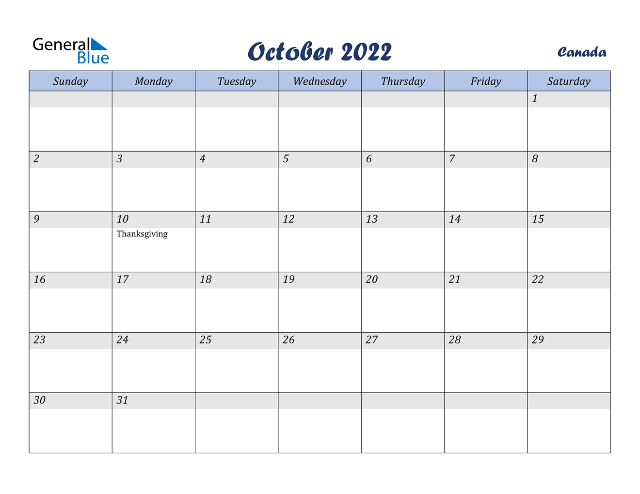 october 2022 calendar canada