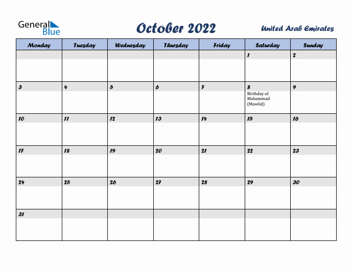 October 2022 Calendar with Holidays in United Arab Emirates