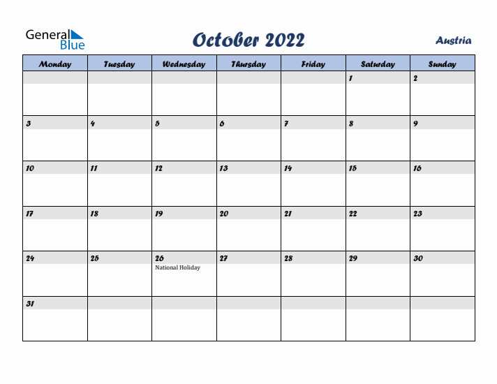 October 2022 Calendar with Holidays in Austria