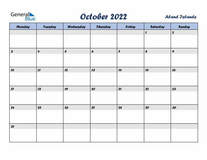 October 2022 Calendar with Holidays in Aland Islands