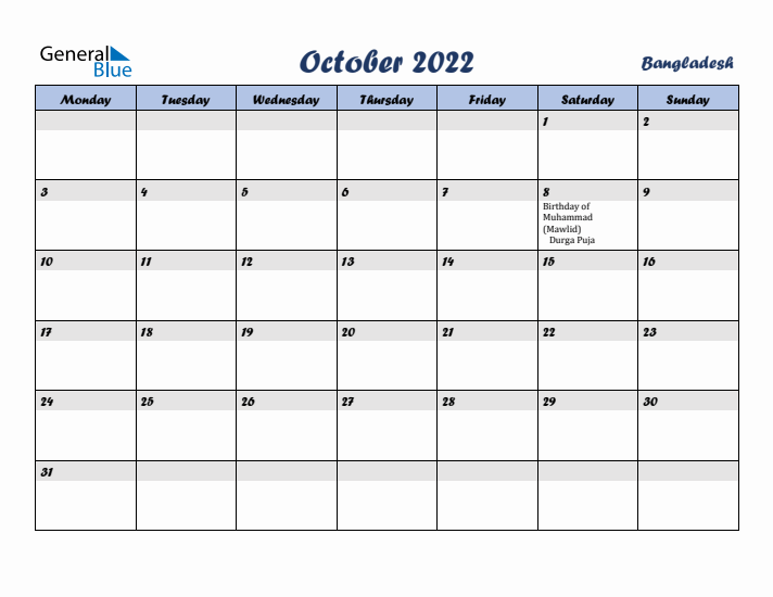 October 2022 Calendar with Holidays in Bangladesh