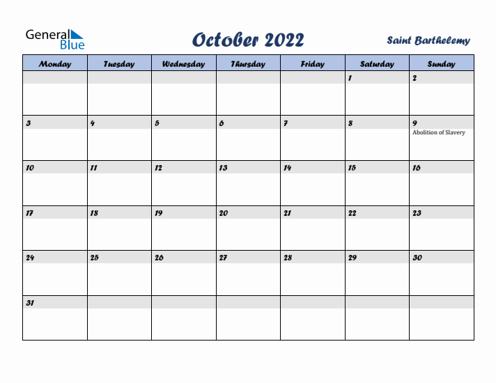 October 2022 Calendar with Holidays in Saint Barthelemy