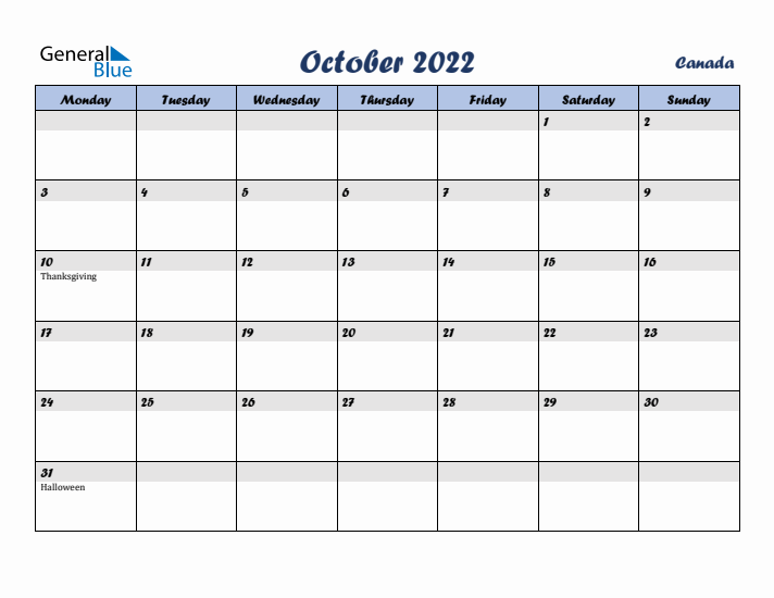 October 2022 Calendar with Holidays in Canada